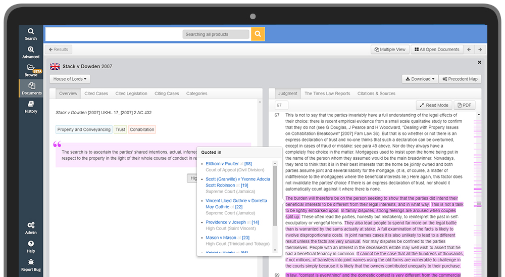 JustisOne’s Key Paragraphs feature, showing the most cited paragraphs of a judgment